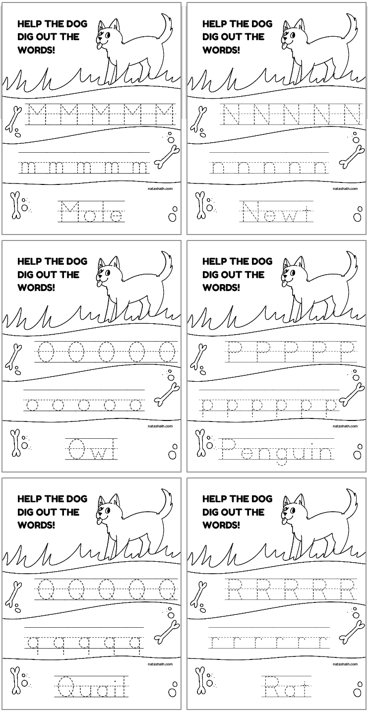 a preview of two alphabet tracing pages with uppercase and lowercase letters to trace an animal name. Letters are m-r