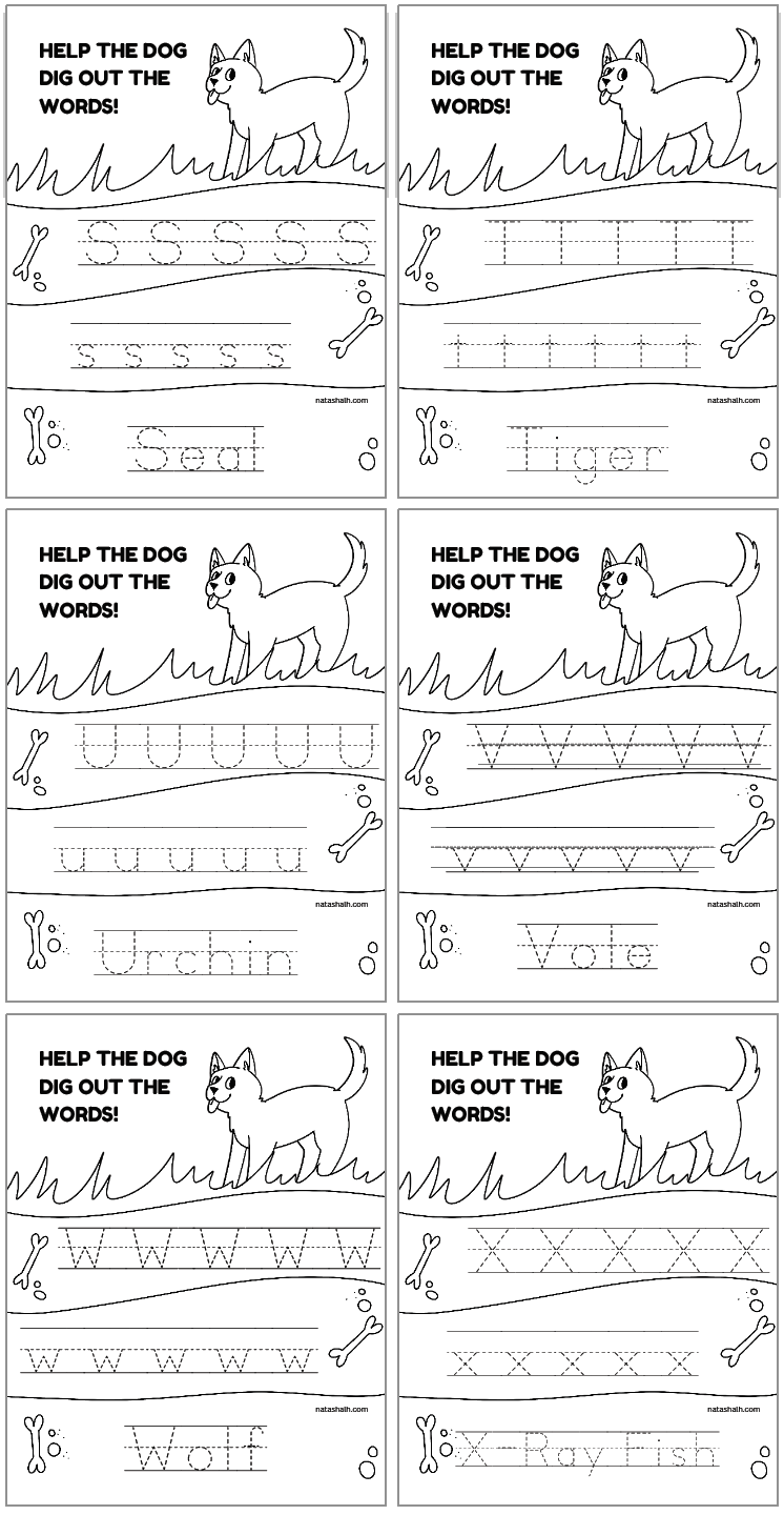 a preview of two alphabet tracing pages with uppercase and lowercase letters to trace an animal name. Letters are s - x