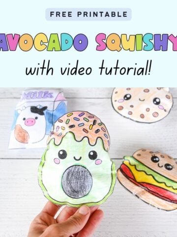text "free printable avocado squishy with video tutorial" and a photo of an avocado paper squishy