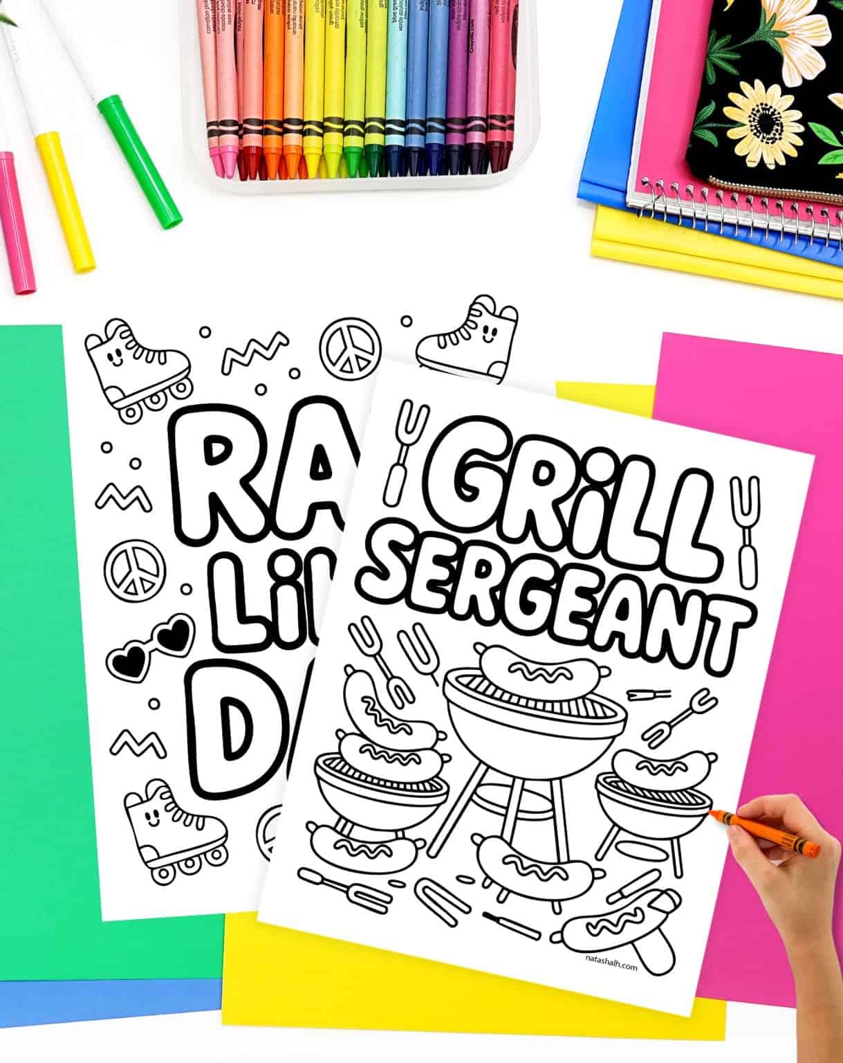 a child's hand with a crayon preparing to color a coloring page with "grill sergeant" and a grill with hot dogs