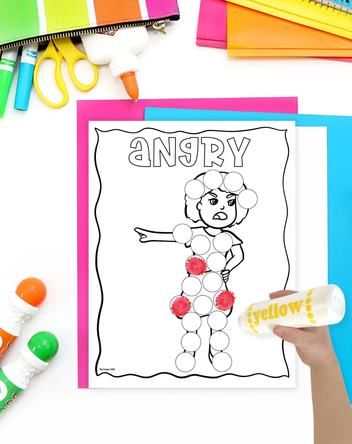 a child's hand with a dot marker preparing to color a dot marker coloring pages showing anger