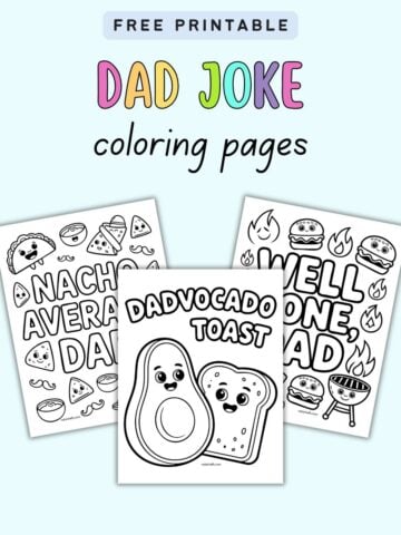 text "free printabel dad joke coloring pages" with a preview of three dad joke coloring pages like "dadvocado toast"