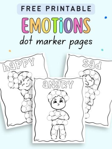 text "free printable emotions dot marker pages" with a preview of three do a dot coloring pages of children expressing feelings