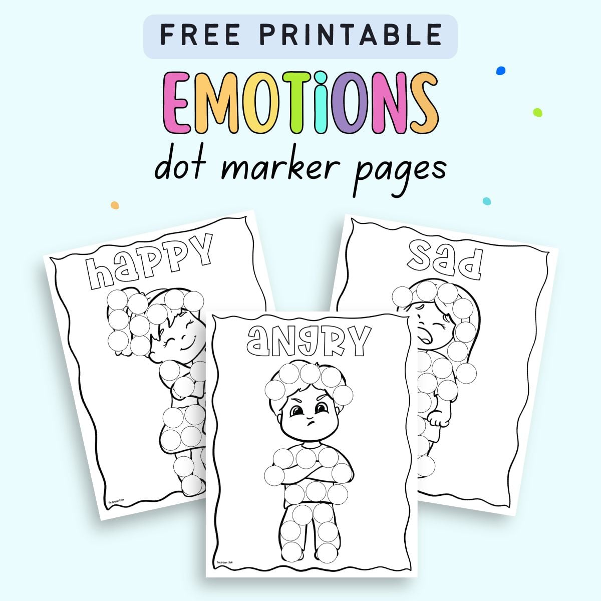 text "free printable emotions dot marker pages" with a preview of three do a dot coloring pages of children expressing feelings