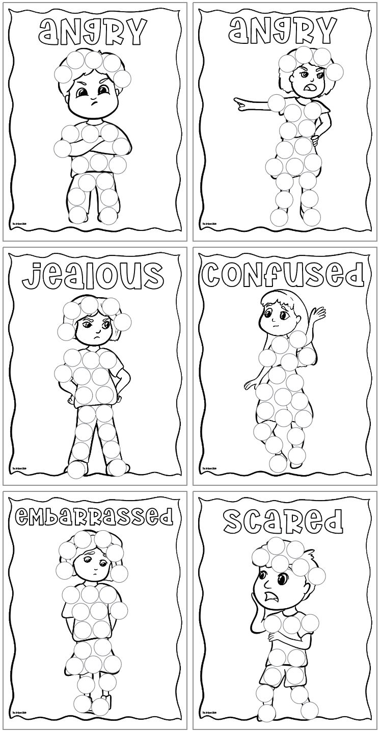 six dot marker coloring pages showing feelings and emotions being expressed by children