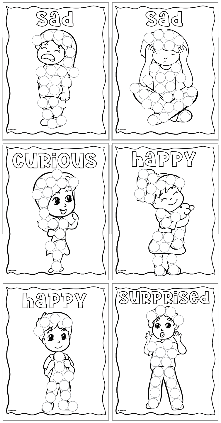 six dot marker coloring pages showing feelings and emotions being expressed by children. Feelings include happy, surprised, curious, and sad