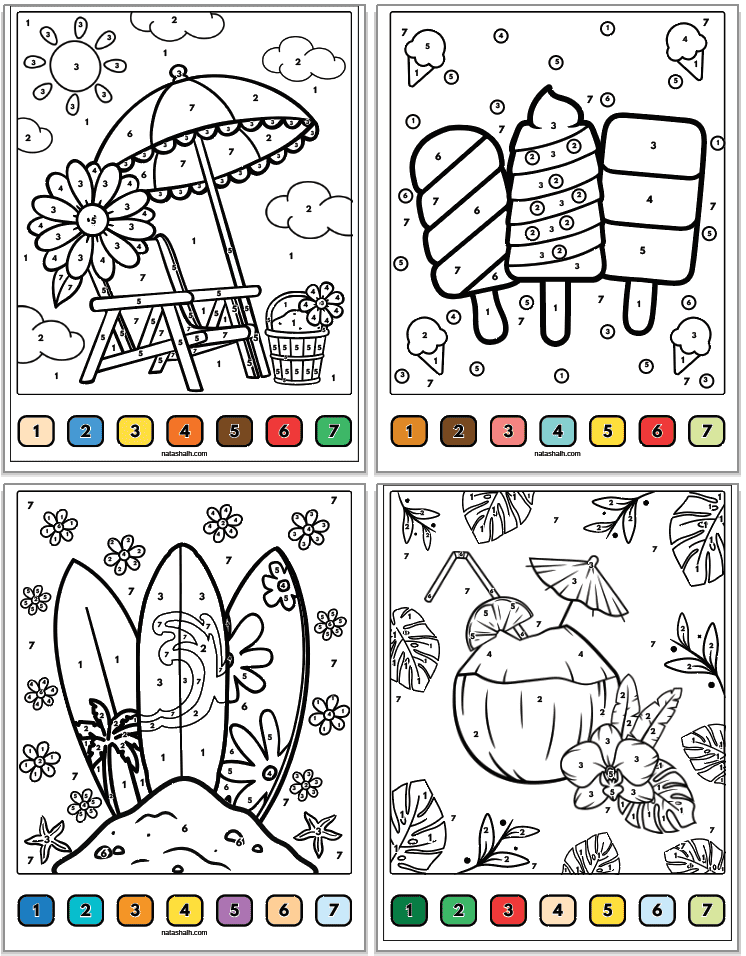 four summer color by number sheets showing items like a beach chair, popsicles, surfboards, and a coconut