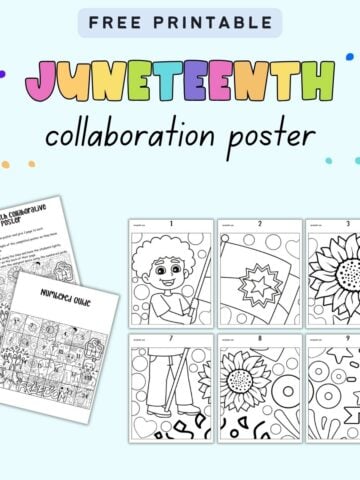 text "free printable Juneteenth collaboration poster" with a preview of pages from a collaborative poster