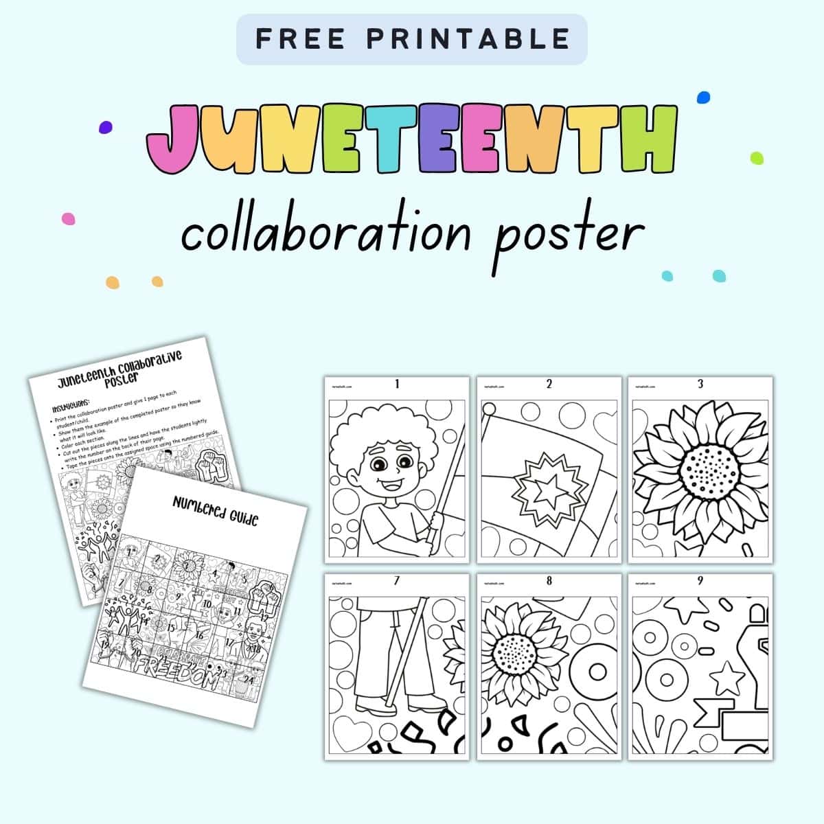 text "free printable Juneteenth collaboration poster" with a preview of pages from a collaborative poster