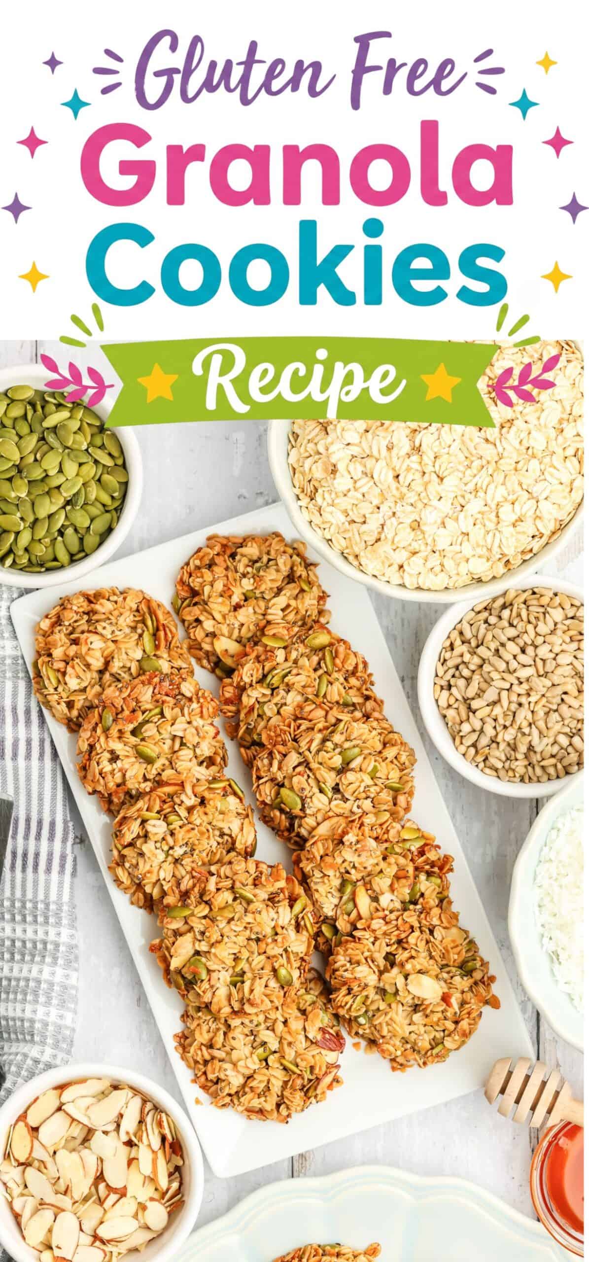 text "gluten free granola cookies recipe" with a picture of a plate of gluten free granola cookies surrounded by oatmeal and nuts and seeds
