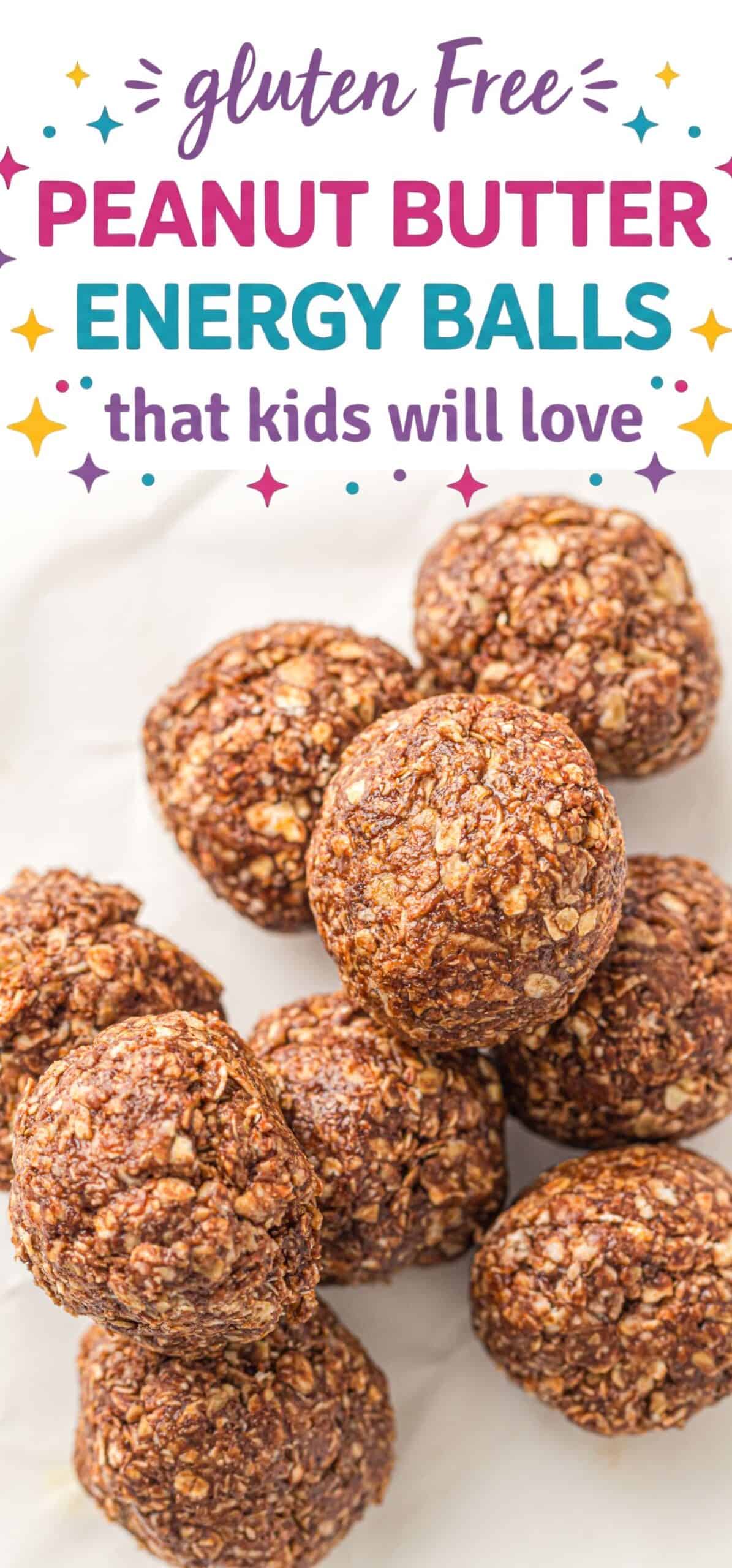text "gluten free peanut butter energy balls that kids will love" with a picture of a plate of chocolate oatmeal peanut butter balls