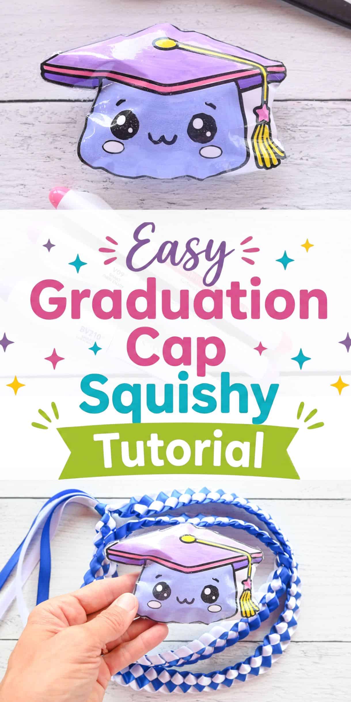 text "easy graduation cap squishy tutorial" with photos of kawaii graduation cap paper squishy