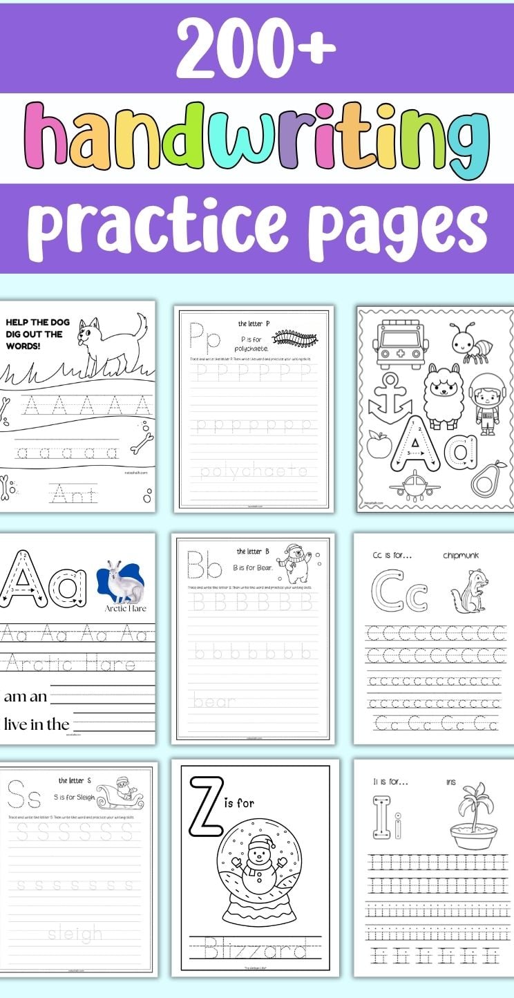 text "200+ handwriting practice pages" with a preview of handwriting sheets and alphabet coloring pages