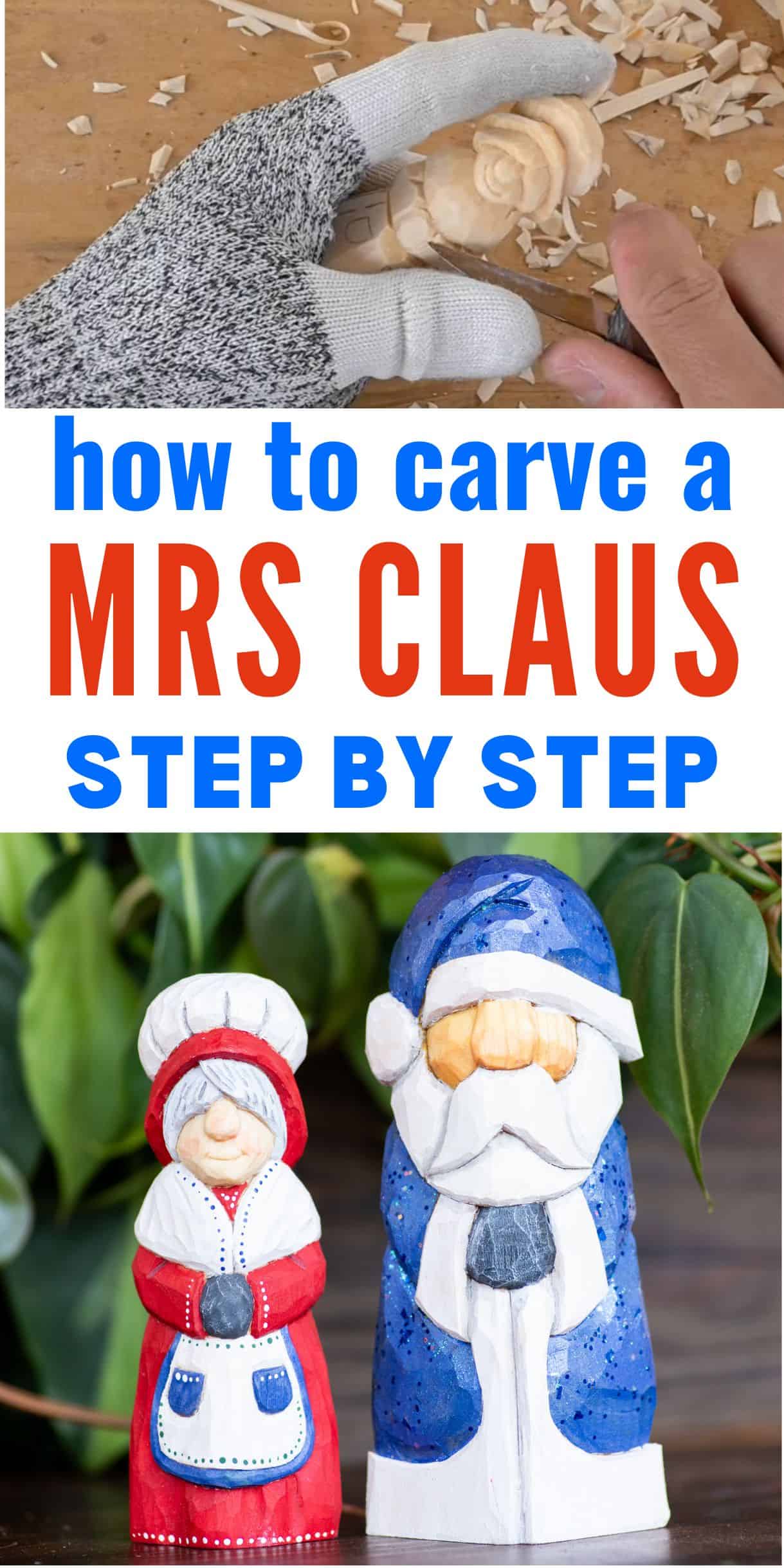 text "how to carve a mrs claus step by step" (with photos of carving a mrs claus figure and a painted mr and mrs claus)
