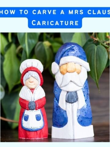 text "how to carve a mrs claus caricature" with a photo of mr and mrs claus woodcarvings