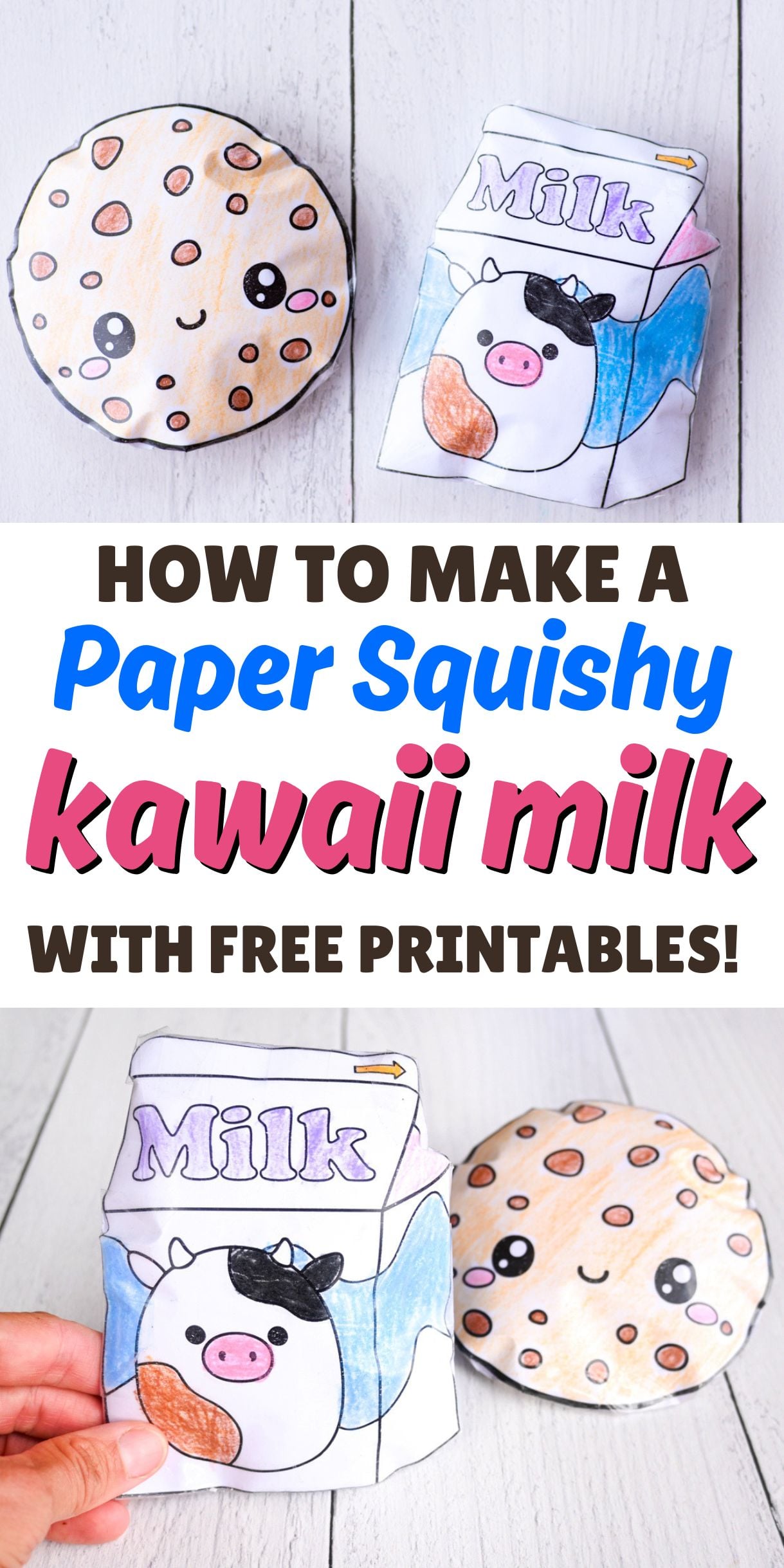 text "how to make a paper suiqshy kawaii milk from free printables" with photos of a milk and a cookie paper squishy