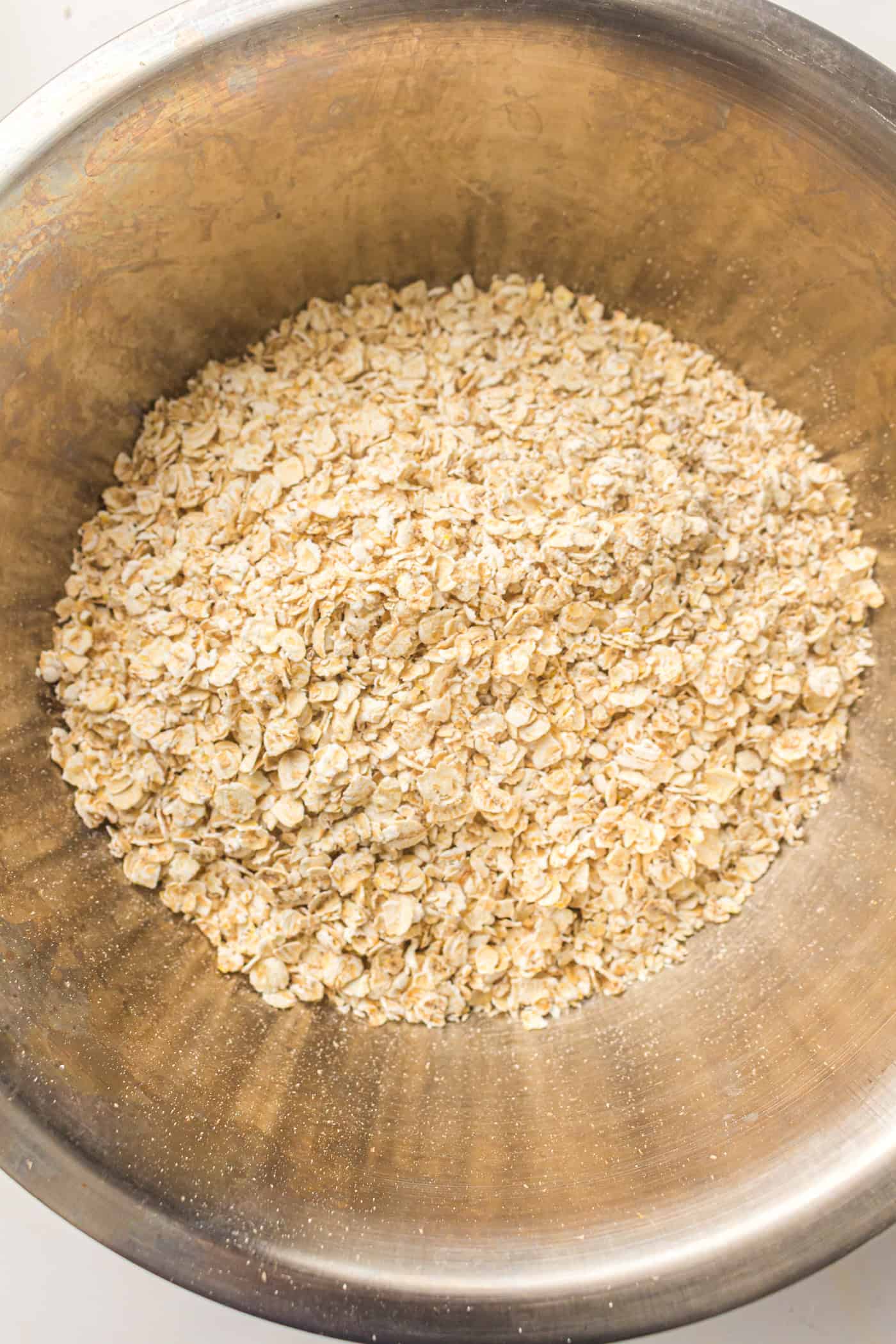 oatmeal in a large metal bowl