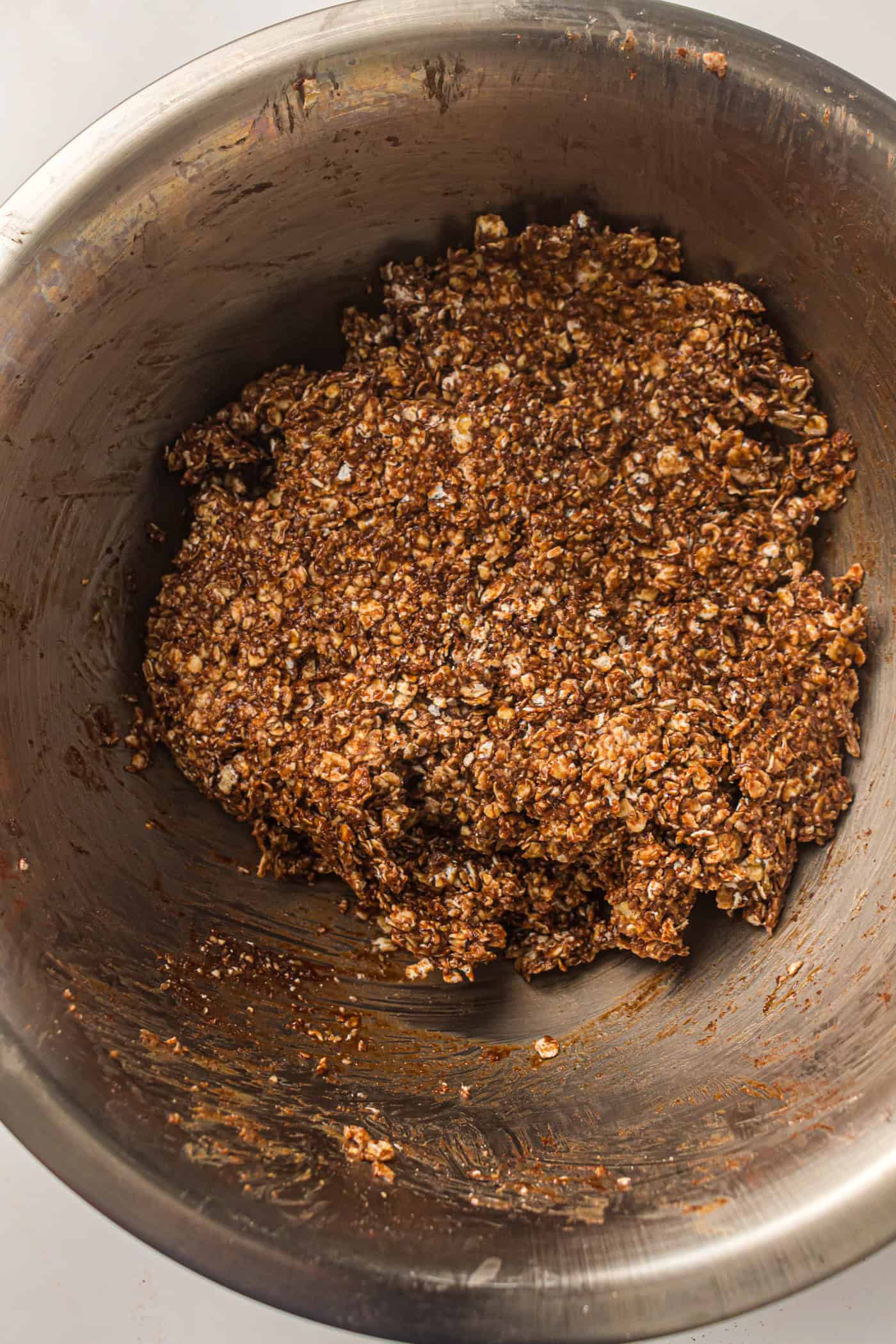 mixed ingredients for no bake peanut butter oatmeal balls
