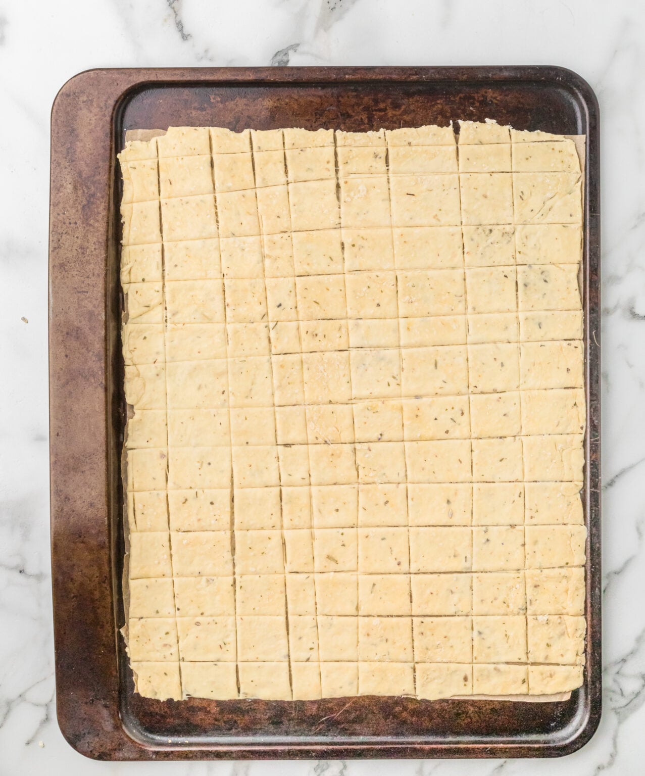 rolled out sourdough discard cracker dough on a baking sheet scored into squares