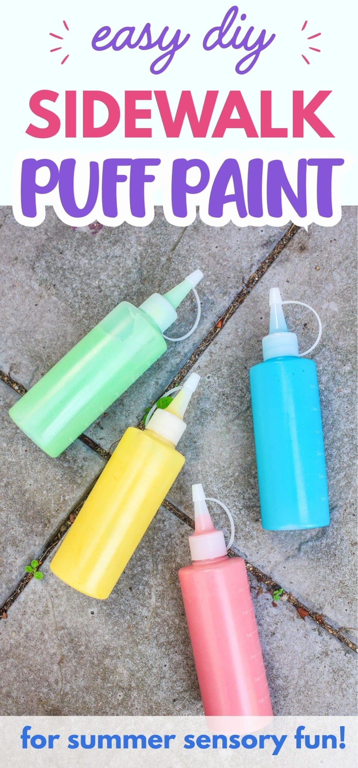 text "easy diy sidewalk puff paint for summer sensory fun!" with a photo of homemade puff paint on the sidewalk