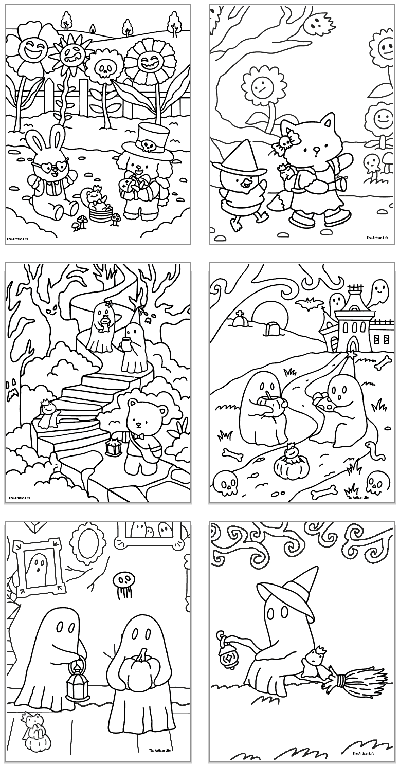 six spooky cute aesthetic coloring pages with ghosts and cute halloween animals