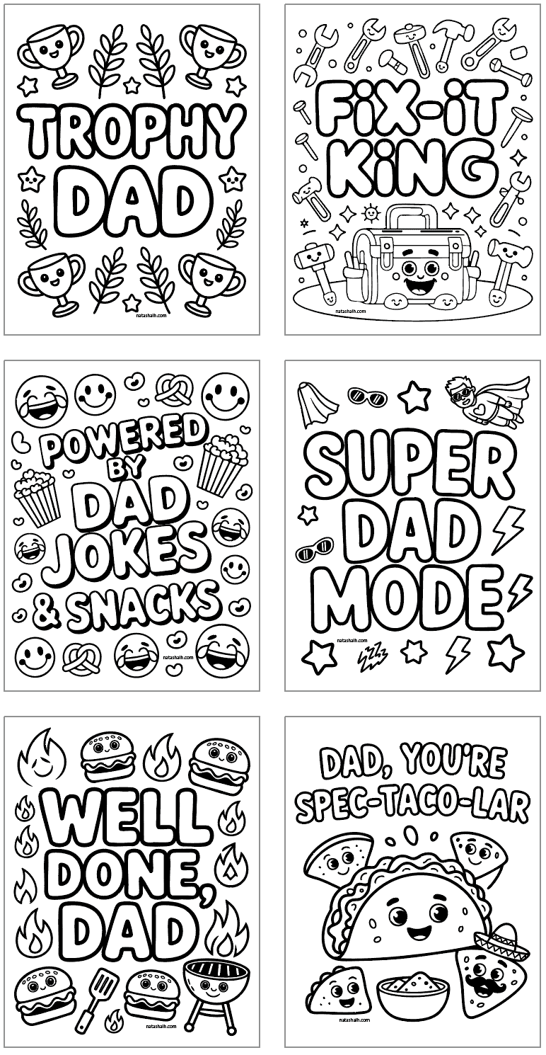 six bold and easy style coloring pages with dad jokes and dad puns like "dad, you're spec-taco-lar' with a taco and chips