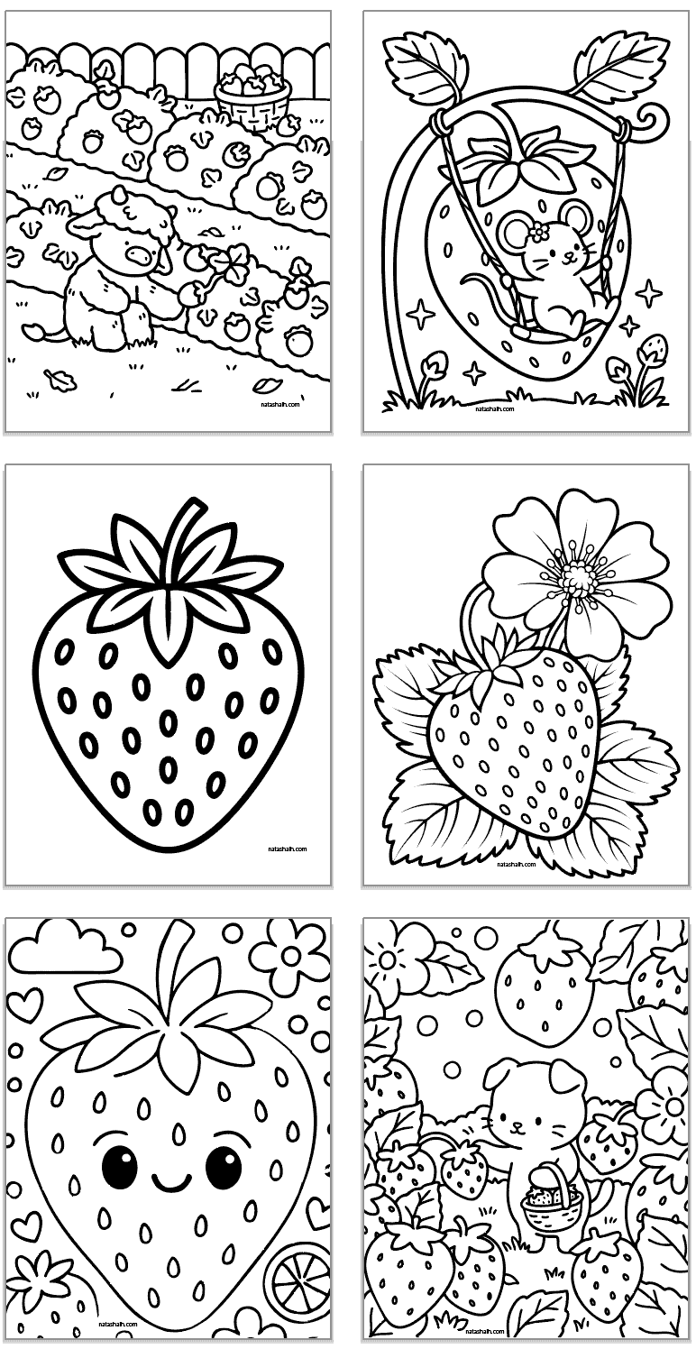 six strawberry coloring pages with a mix of cute and realistic designs including a realistic strawberry coloring page and a strawberry with a blossom and leaves