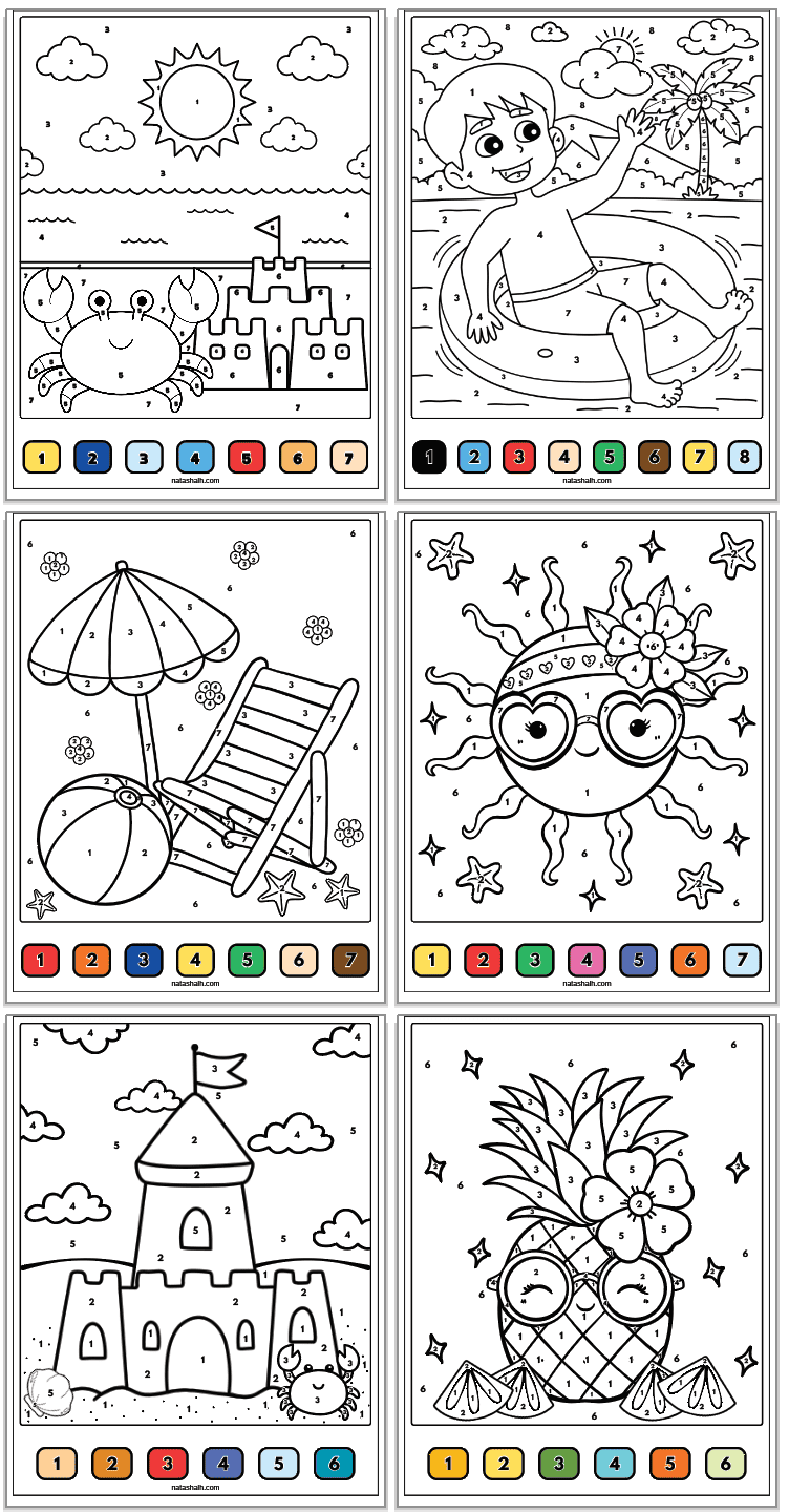six summer color by number pages with a color coded key