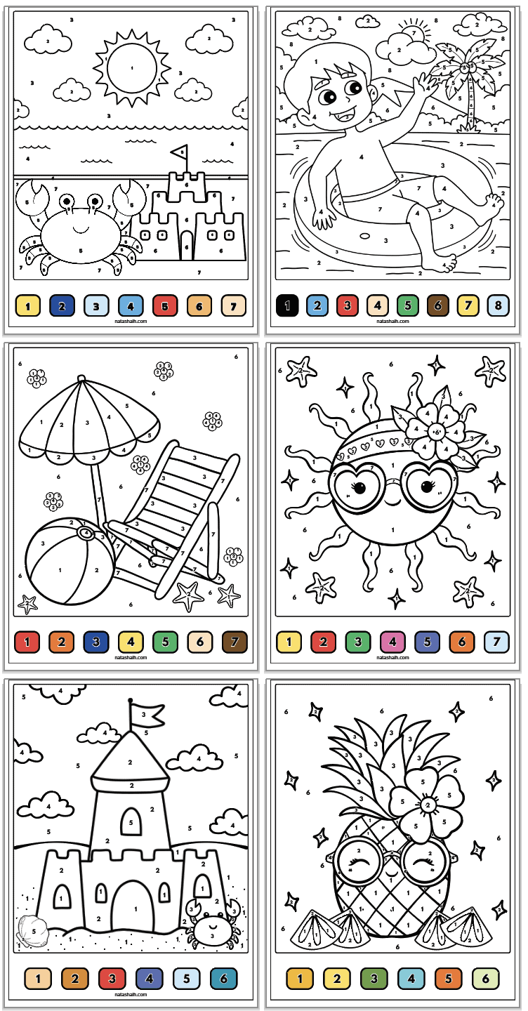 six summer color by number sheets showing items like a sun, a sandcastle, and a pineapple