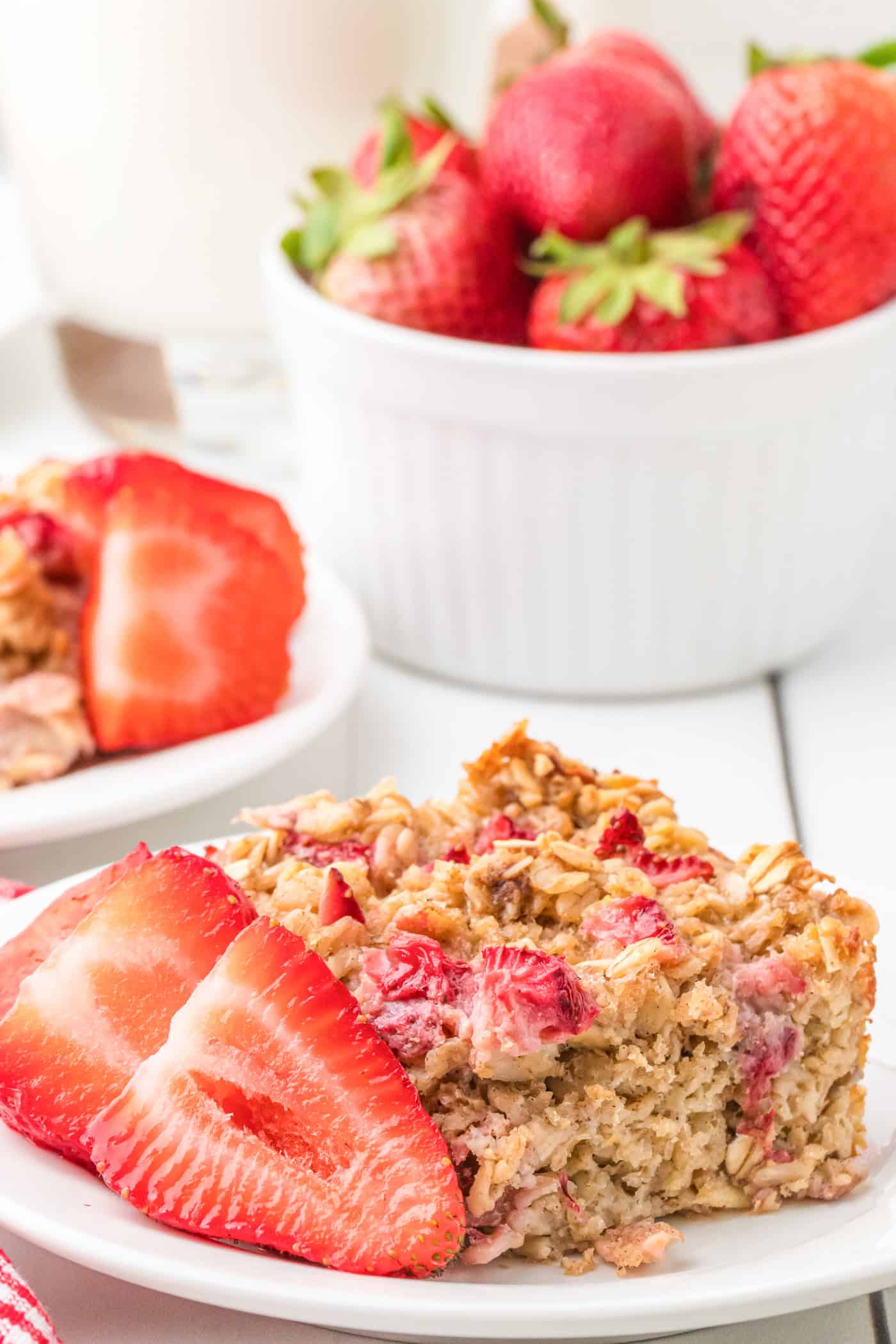 a close up view of strawberry baked oatmeal