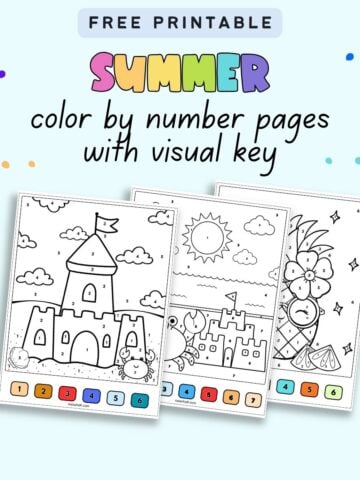 text "free printable summer color by numbers with visual key" and a preview of three summer color by number sheets