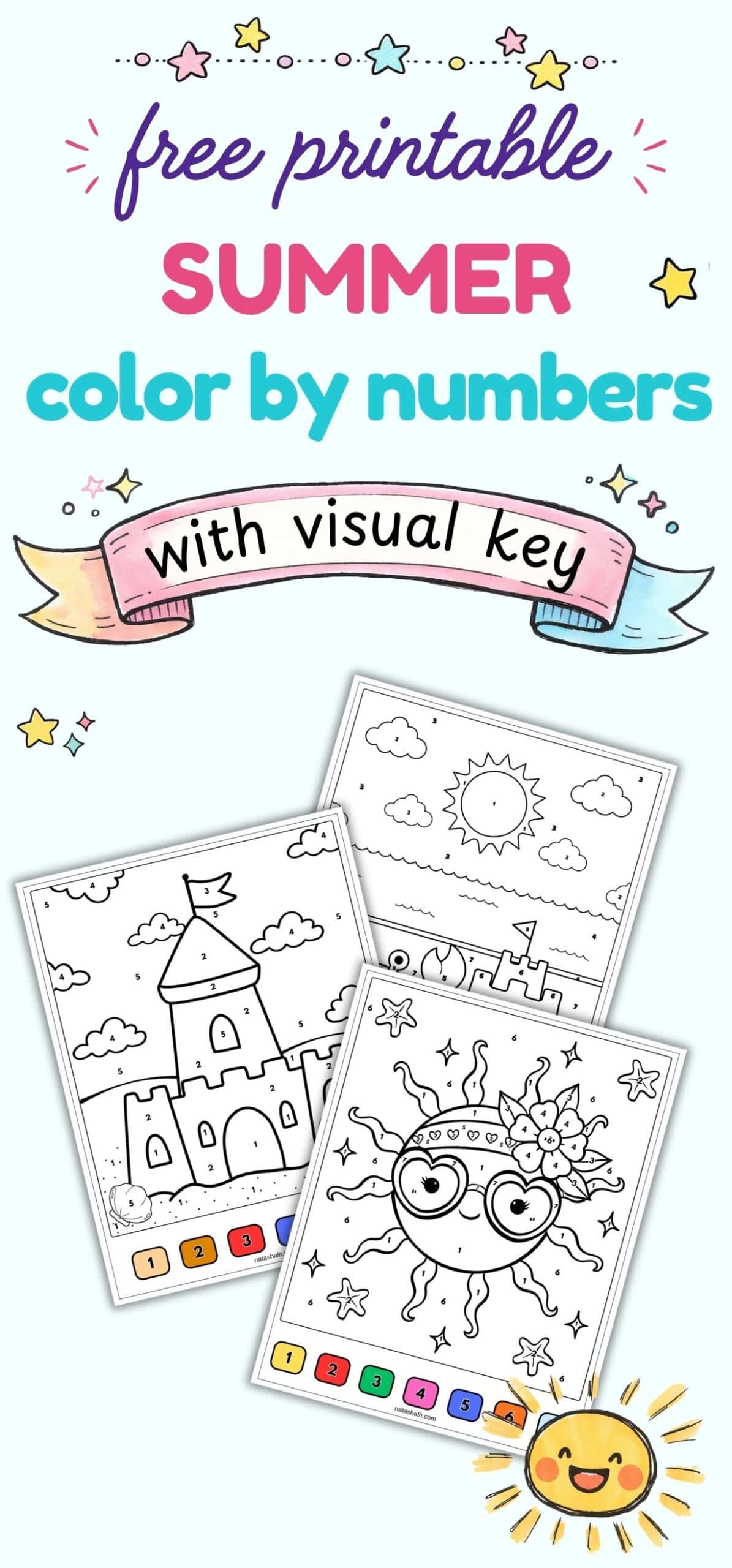 text "free printable summer color by numbers with visual key" and a preview of three color by number sheets