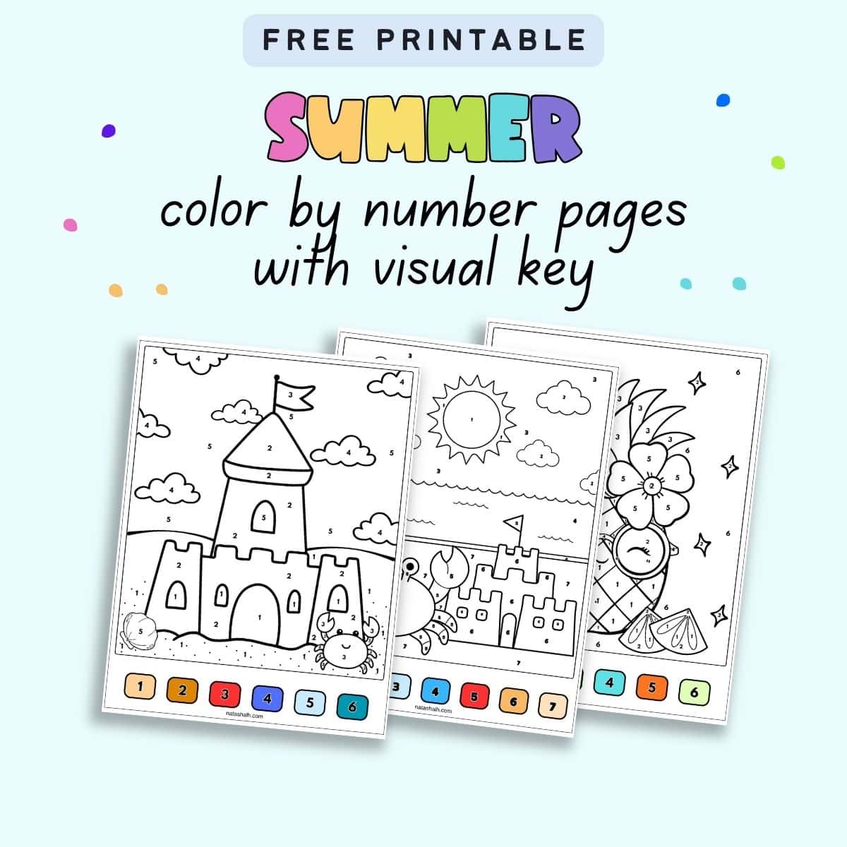 text "free printable summer color by numbers with visual key" and a preview of three summer color by number sheets