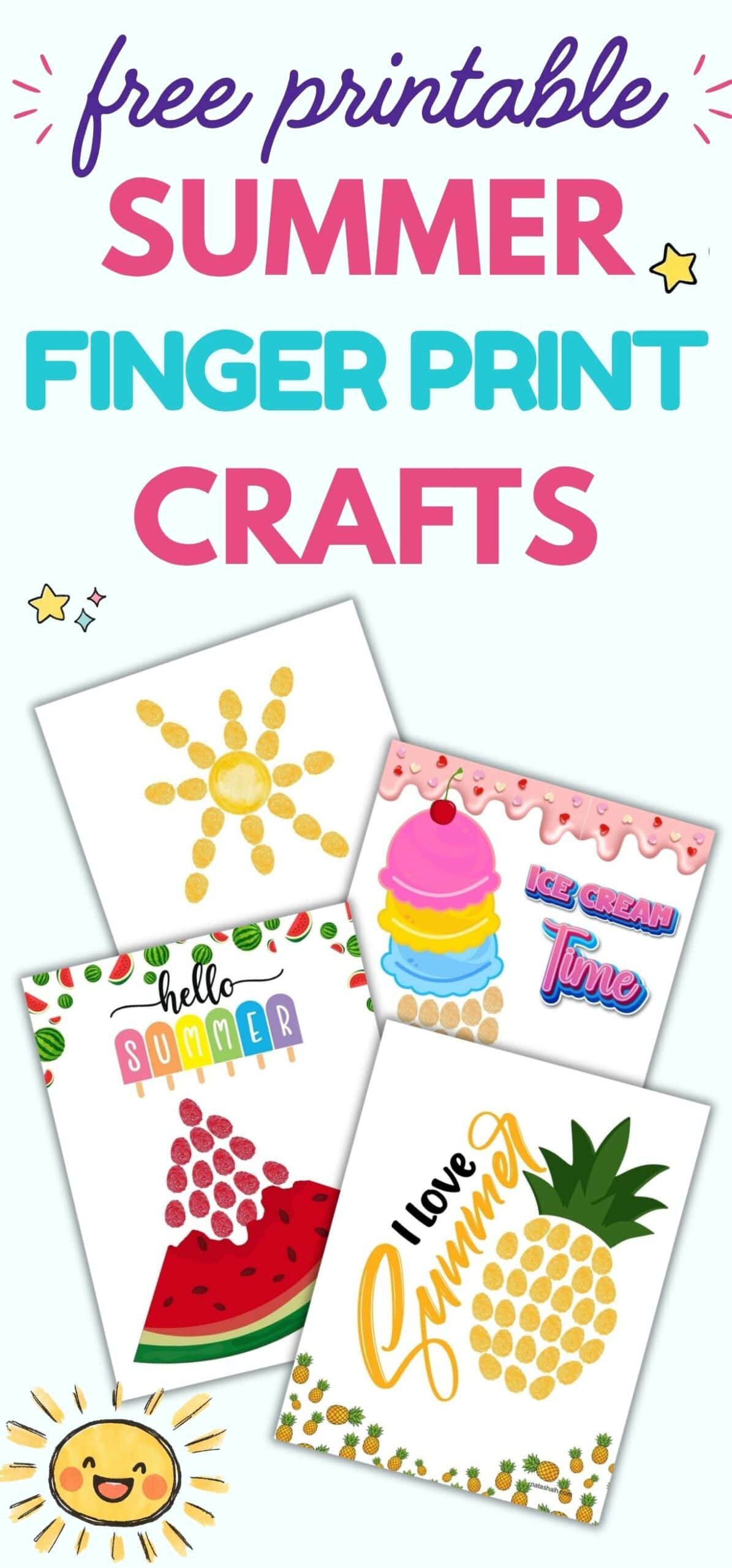 text "free printable summer fingerprint crafts" with a. preview of completed summer fingerprint crafts