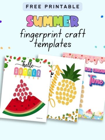 text "free printable summer fingerprint craft templates" with a preview of three summer fingerprint art printable pages