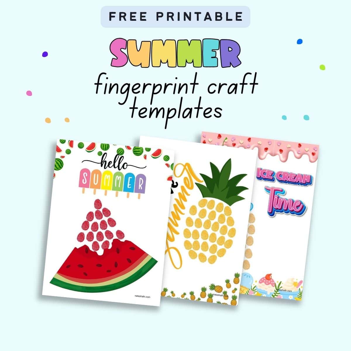 text "free printable summer fingerprint craft templates" with a preview of three summer fingerprint art printable pages