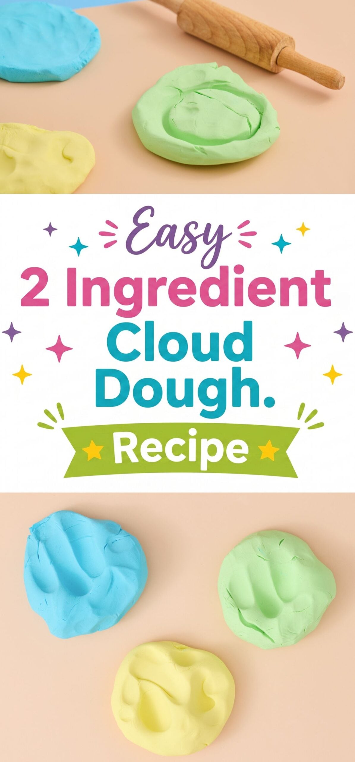 text "easy 2 ingredient cloud dough recipe" with picture of green, yellow, and pink homemade cloud dough for sensory play