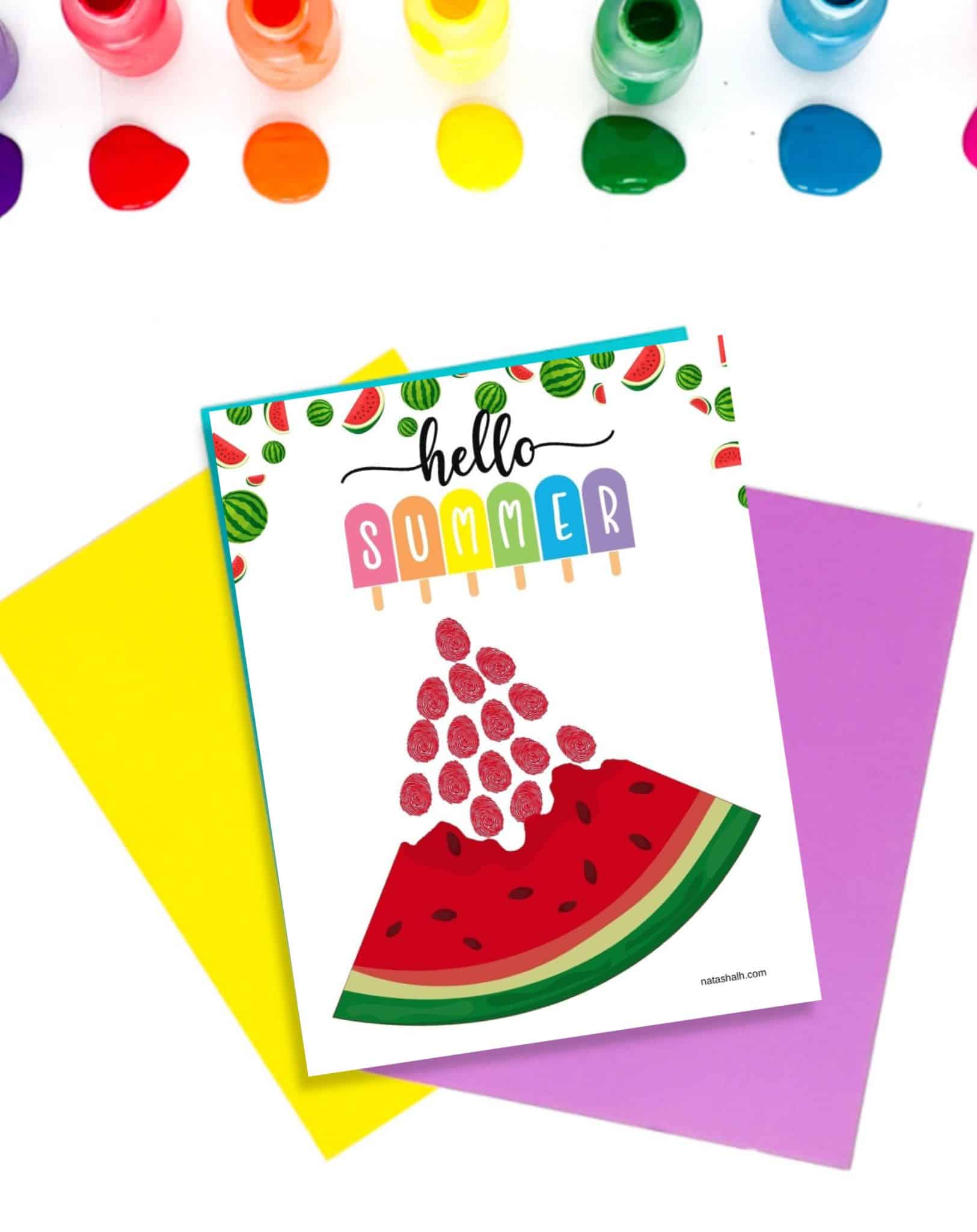 a completed watermelon themed summer fingerprint craft