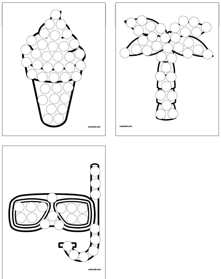 three beach themed dot marker coloring pages including ice cream, a palm tree, and a mask with a snorkel