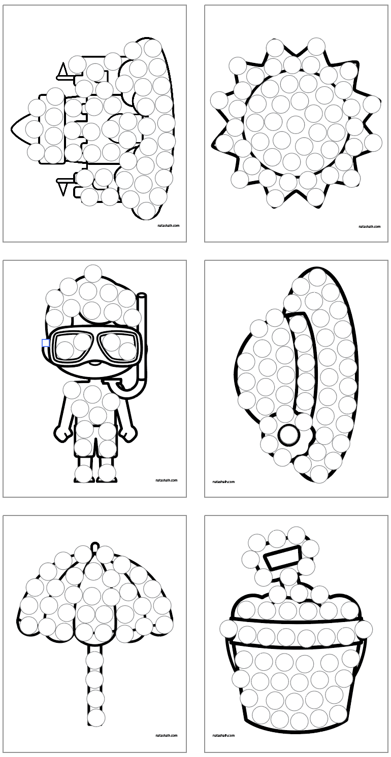 six summer beach themed dot marker coloring pages including a hat, a popsicle, a bucket of sand, a boy with a scuba mask, and a beach umbrella