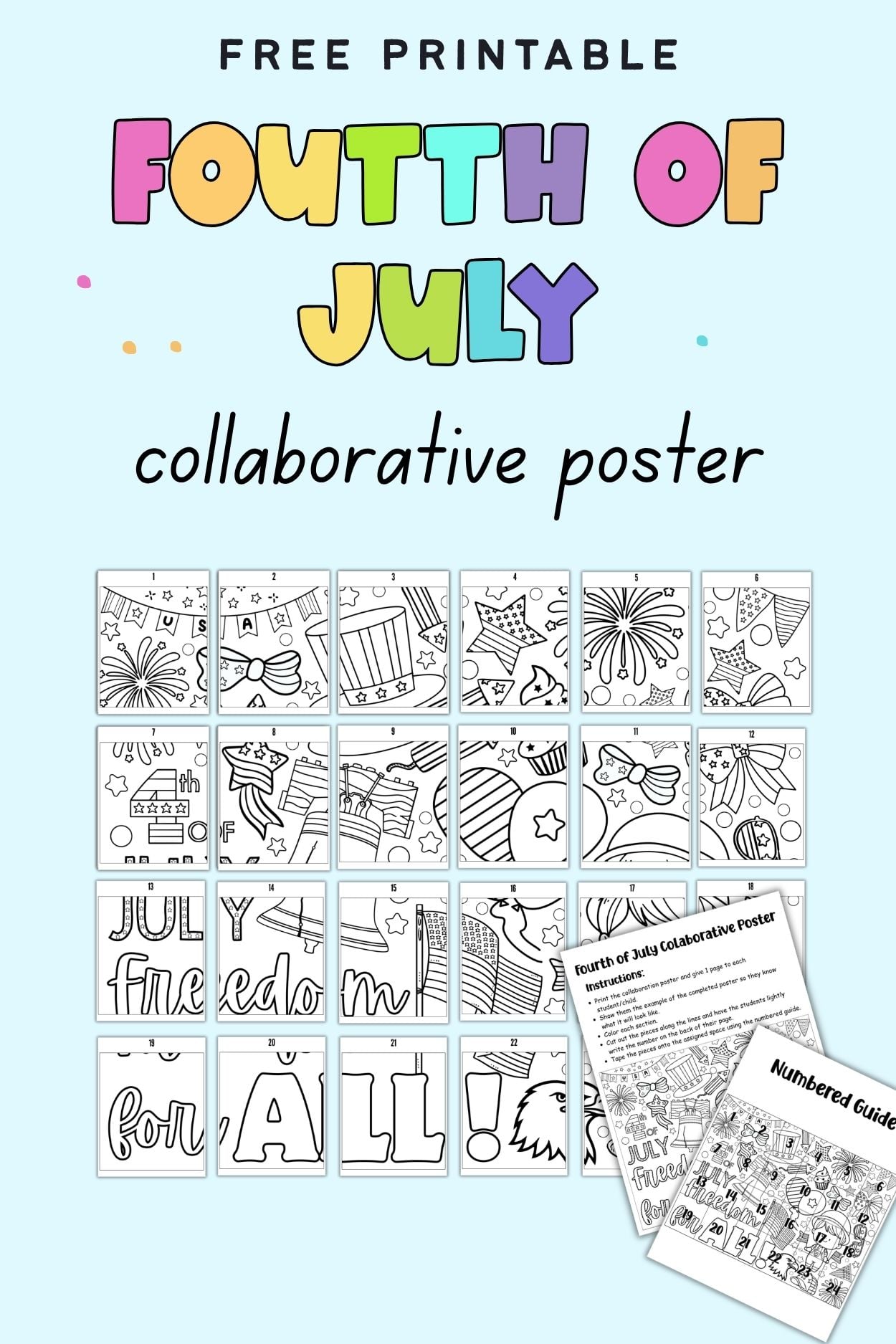 text "free printable Fourth of July collaborative poster" with a preview of pages from a collaborative poster printable