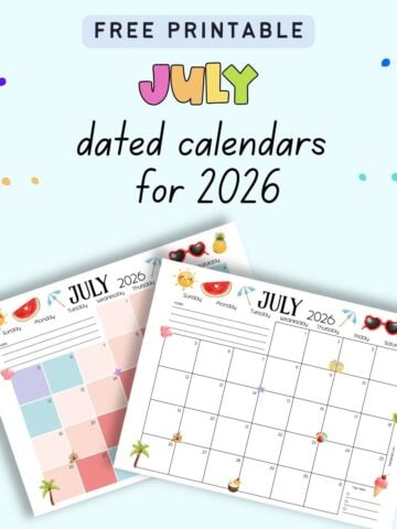 text "free printable July dated calendars for 2026" with previews of two calendar pages for July 2026