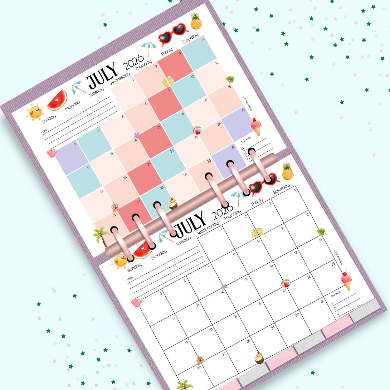 Two July 2026 calendar pages in a mockup of a ring planner