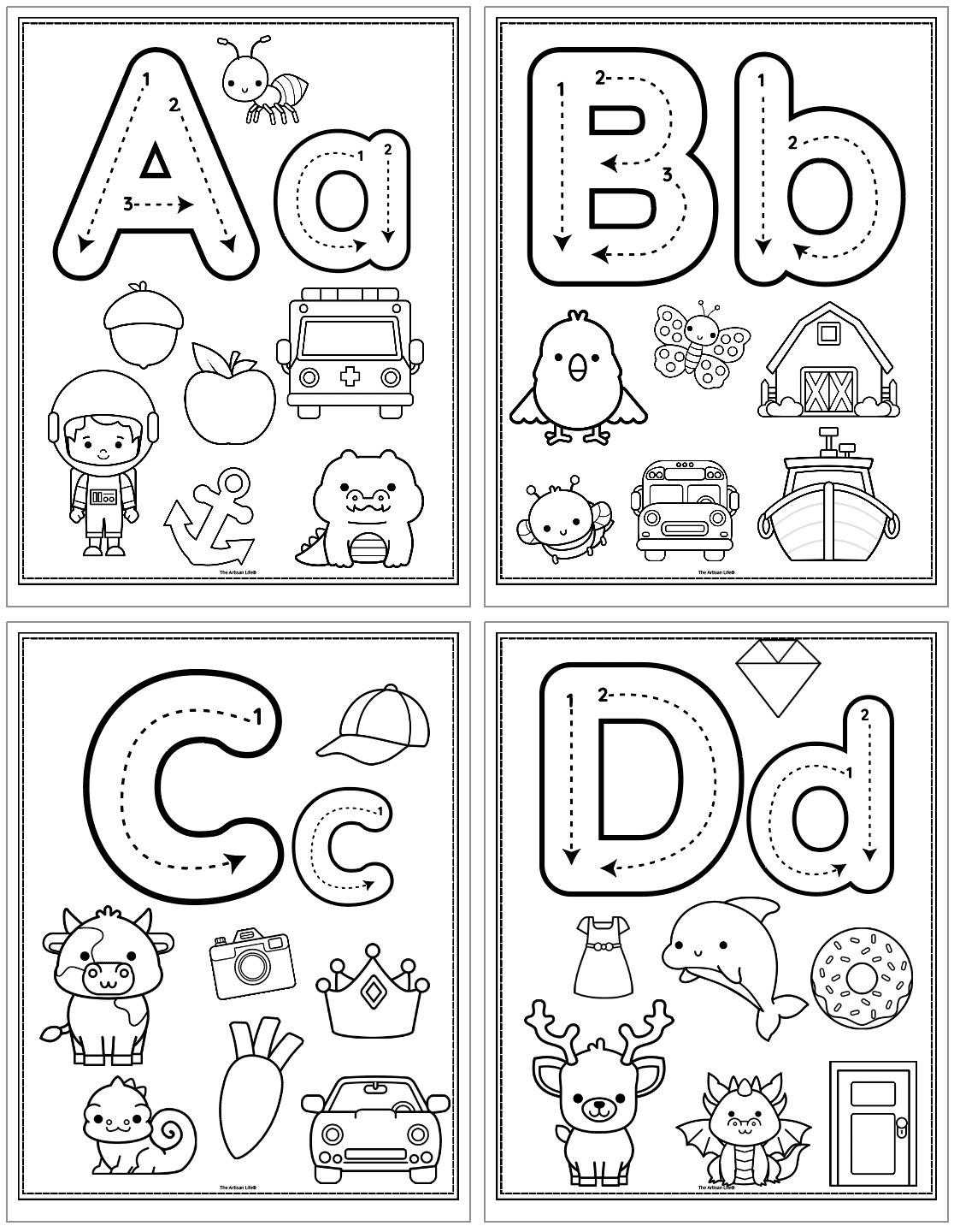 alphabet coloring pages with beginning letter sound images and correct letter formation graphics for letters a - d