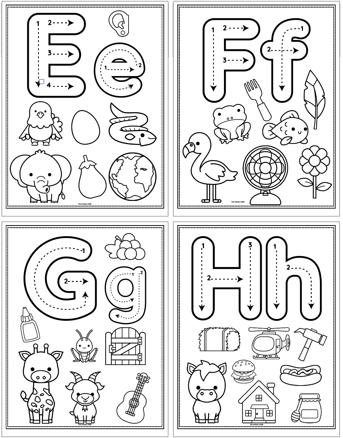 alphabet coloring pages with beginning letter sound images and correct letter formation graphics for letters e - h