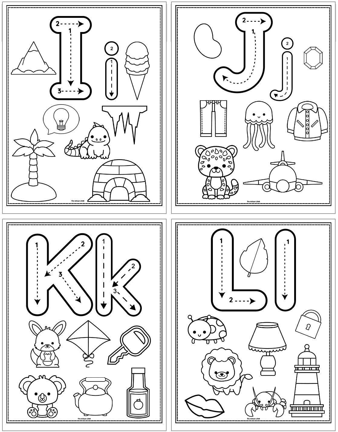 alphabet coloring pages with beginning letter sound images and correct letter formation graphics for letters I - l