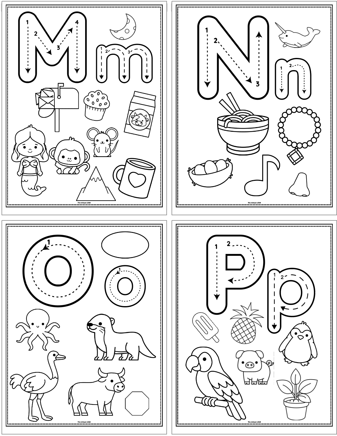 alphabet coloring pages with beginning letter sound images and correct letter formation graphics for letters o = r