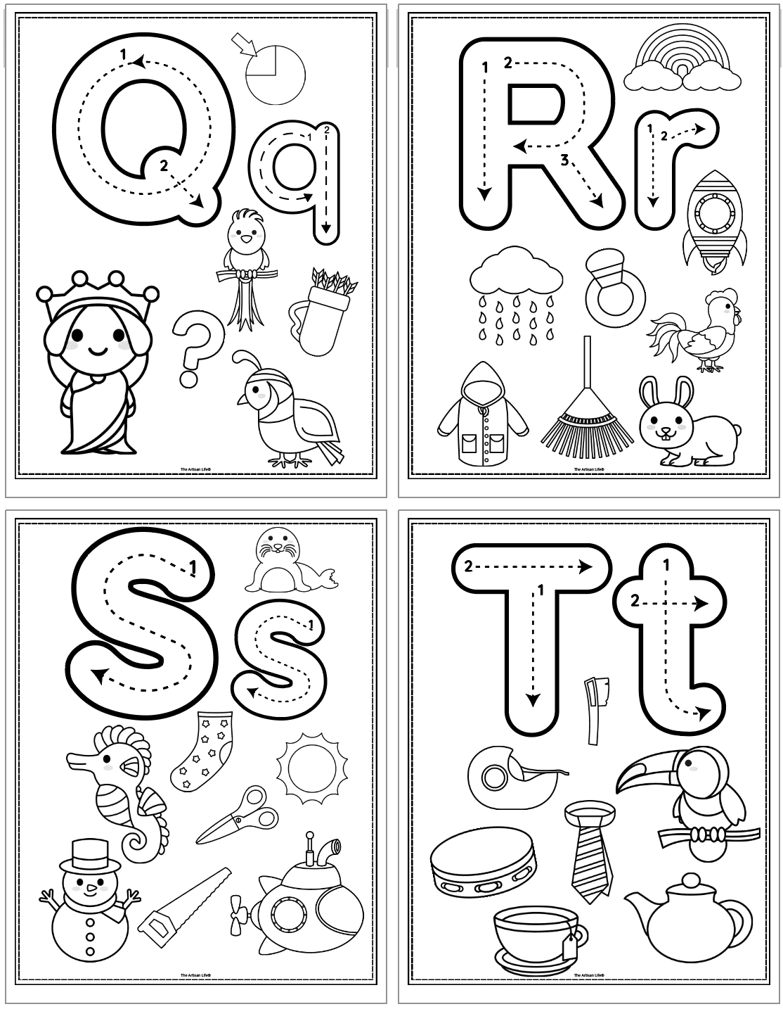 alphabet coloring pages with beginning letter sound images and correct letter formation graphics for letters q - t