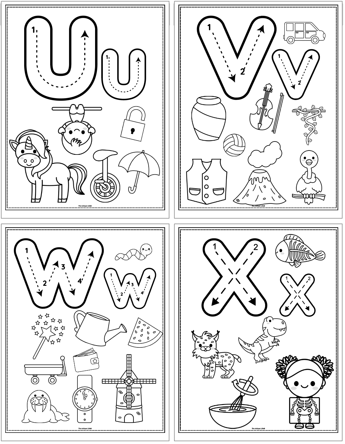 alphabet coloring pages with beginning letter sound images and correct letter formation graphics for letters u - x