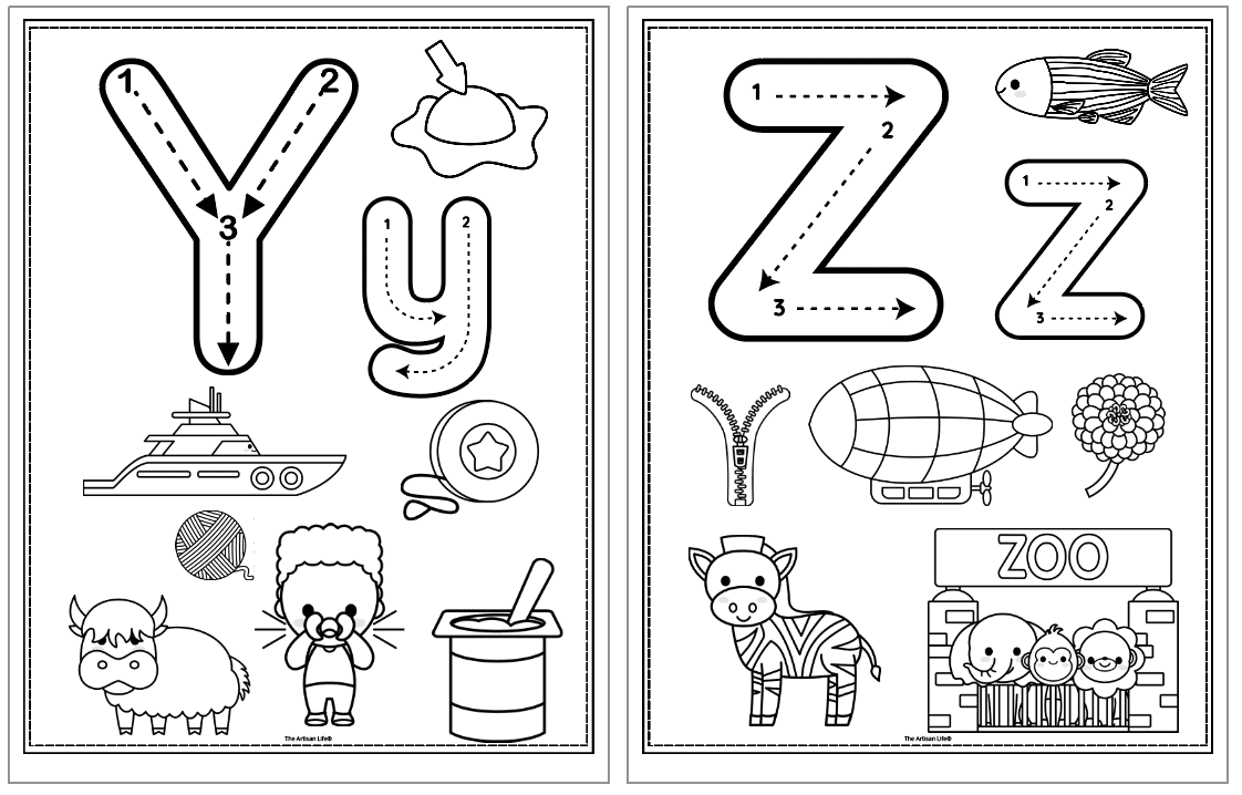 alphabet coloring pages with beginning letter sound images and correct letter formation graphics for letters y -z